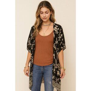 Natural Life Black Gold Boho Indie Casual Floral Kimono Long Cardigan Maxi